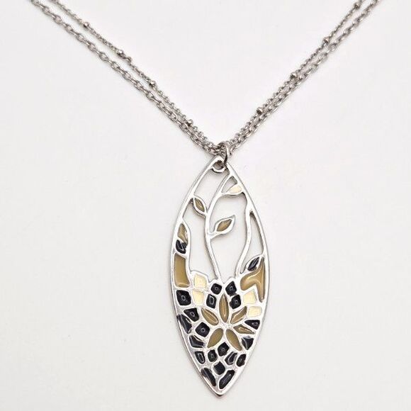 Silvertone Double Chain with Openwork Floral Pendant Resin Mosaic Style Inlay - Picture 1 of 5